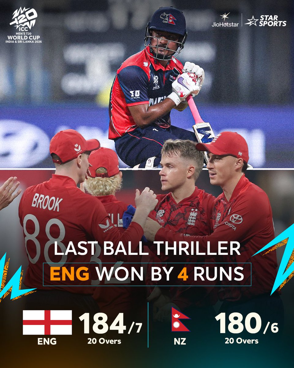 StarSportsTel's tweet image. నర్వ్ టెస్టింగ్ మ్యాచ్‌లో ఇంగ్లాండ్ సక్సెస్ 💥
4 రన్స్ తేడాతో థ్రిల్లింగ్ విక్టరీ 🏏

ICC Men's #T20WorldCup 2026 #ENGvNEP #England