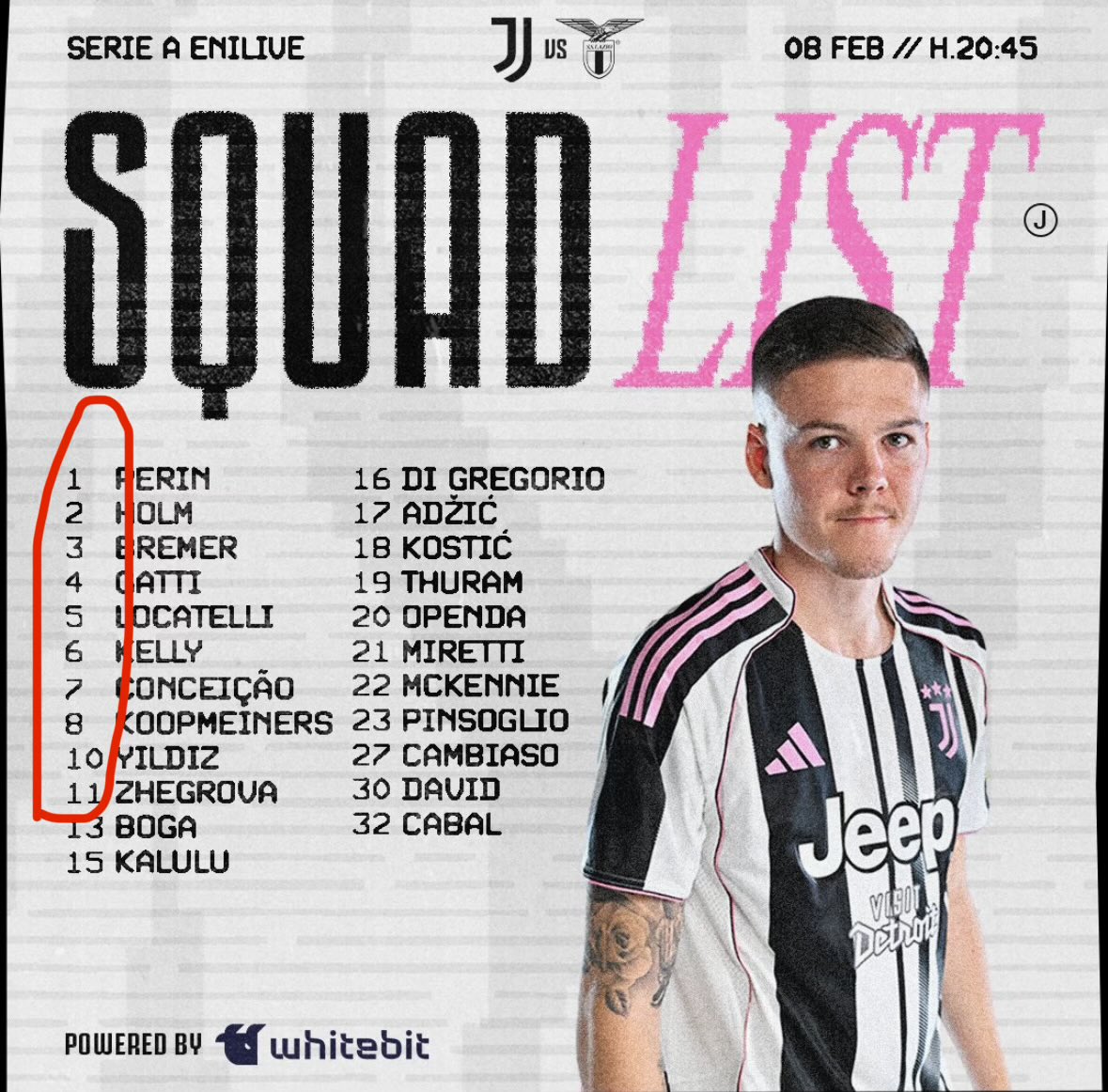 Trovo estremamente esilarante il fatto che ci siano tutti i numeri dall'1 all'11 tranne il 9 🙂‍↔️🫠

#JuveLazio #jvtblive