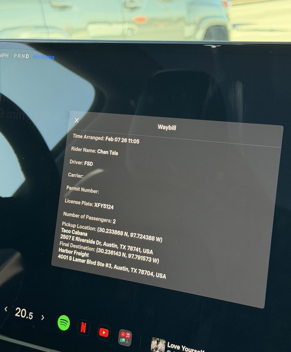 Tslachan's tweet image. $TSLA
Currently, when you board an Austin Unsupervised robotaxi, information such as the image will be displayed. 
- Waybill

Vehicle riding time, passenger name, number of passengers, departure and destination address, etc

So.. Driver is FSD..