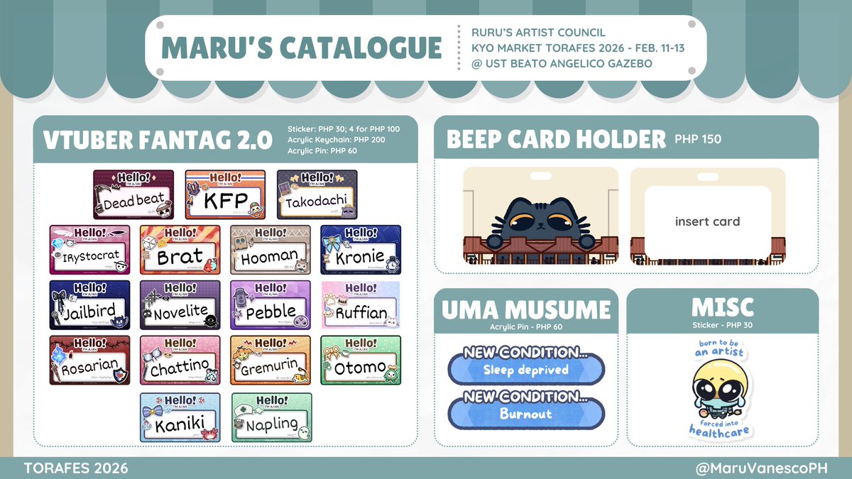 🎊WAZZUP MARUPOKS!🎊

I'll be tabling with Ruru's Artist Council in TNK Kyo Market Torafes 2026!

📍UST Beato Angelico Gazebo
📅 February 11–13, 9 AM – 7 PM

I have Hololive EN, Cats, Uma Musume keychains, stickers and pins in the catalog

SEE YALL!
Retweet is highly appreciated