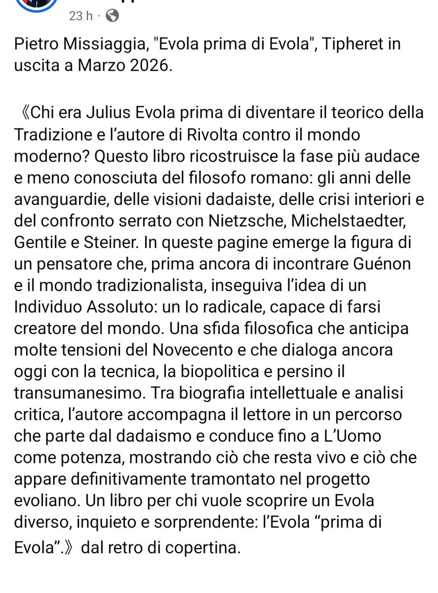pietromissiag's tweet photo. Retro di copertina del mio libro. In attesa della uscita a marzo: già preordinabile su ogni sito di libri. @vaj_stefano @loiatromante #juliusevola #tiphereteditore #individuoassoluto https://t.co/Eo5gu9Pdy3