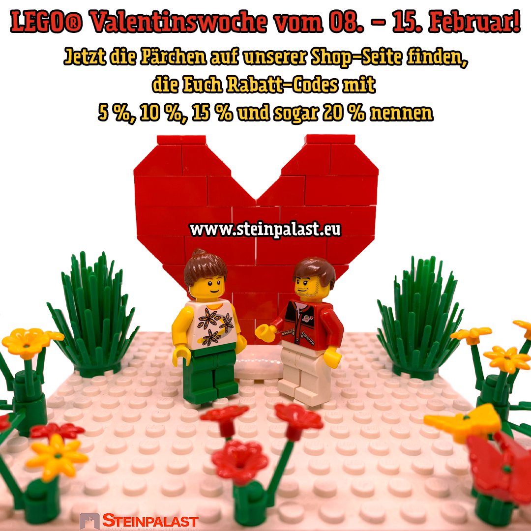 steinpalast's tweet photo. Vom 08.–15.02. verstecken sich verliebte LEGO® Pärchen auf unserer Seite, mit Rabatten bis zu 20 %!

Jetzt suchen &amp; sparen: https://t.co/FeJEuDMEMY

Die Rabatte sind für unser gesamtes Sortiment gültig, ausgenommen Kiloware. 🙂

#lego #steinpalast #legoankauf #valentin https://t.co/9EhNqh2D4d