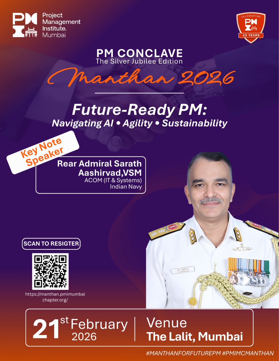 When leadership meets the future.
We’re honoured to welcome Rear Admiral Sarath Aashirvad, VSM, ACOM (IT &amp; Systems), Indian Navy, as the Keynote Speaker at Manthan 2026.
Learn from leadership that operates where failure is not an option.
Register now:manthan.pmimumbaichapter.org