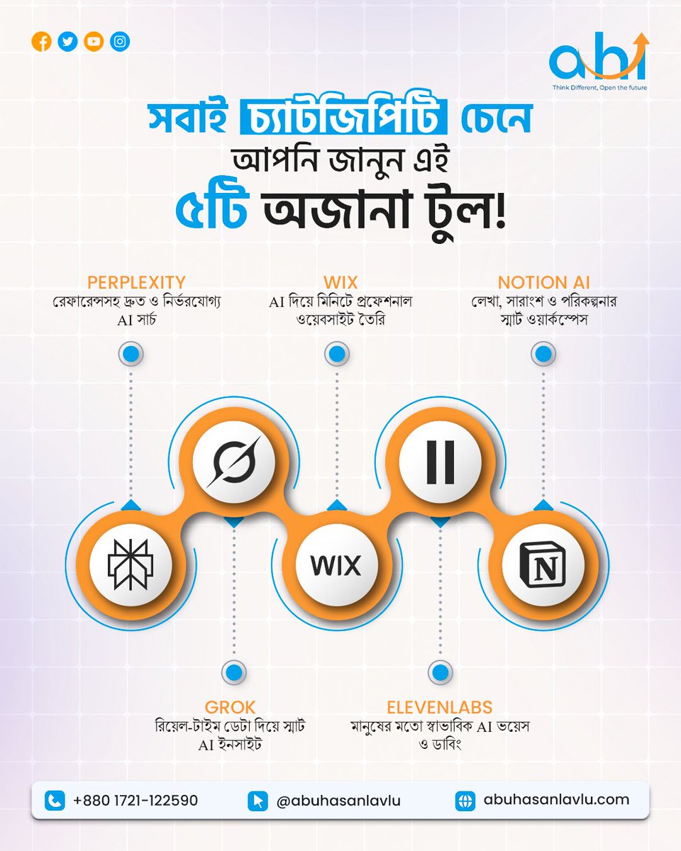 abuhasanlavlu's tweet image. ChatGPT-এর বাইরেও AI-এর জগত অনেক বড়!

ট্রাই করুন এই ৫টি প্রো-লেভেল টুল:

১. Perplexity (AI সার্চ) 
২. Grok (রিয়েল-টাইম ইনসাইট) 
৩. Wix (ওয়েবসাইট মেকার) 
৪. ElevenLabs (AI ভয়েস) 
৫. Notion AI (স্মার্ট প্ল্যানিং)

নিজেকে আপগ্রেড করুন আজই!

#AITools #smartworkspace  #TechTrends