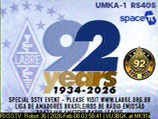 vu3bgk's tweet photo. SSTV image of 92nd anniversary of the Brazilian Amateur Radio League received from Umka1 RS40S on 08th of January 2026 at 03:58 UTC in my home grid square MK91ii 

De, VU3BGK Neel https://t.co/H4SxcPeGhO