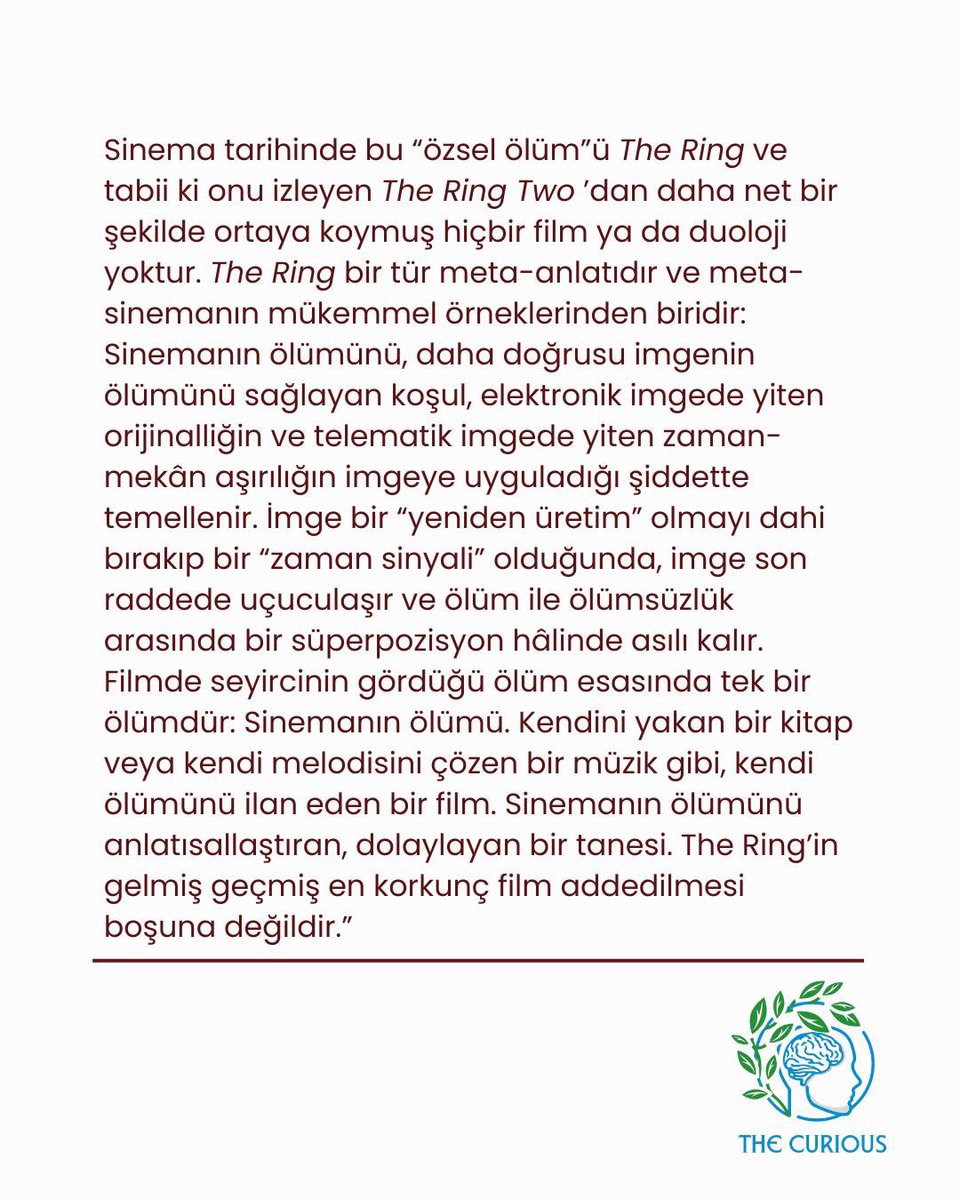 "Gerçekten, The Ring’in, bir franchise olarak, bir tür 'telematik lanet'le ilişkili olduğunu düşünmek kolaydır, oysaki sorulması gereken soru şudur: Neden video? Lanet neden videodan geliyor, televizyondan yayılıyor? Çünkü filmde Samara zaten ölürdü, ölümü tekil olurdu, oysaki