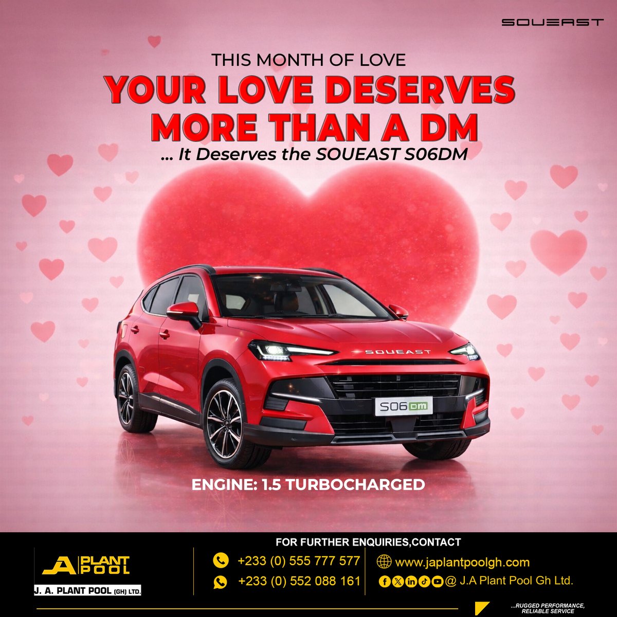 JAPPGH's tweet image. This Valentine, send your love in a DM that truly delivers ❤️

The Soueast S06DM gives you the freedom of electric efficiency for city drives and fuel-powered confidence for the long road ahead.

One SUV. Two power options. Total peace of mind, backed by J.A. Plant Pool’s trusted