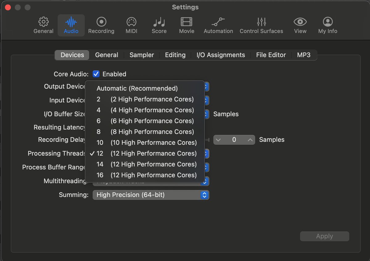 AppleシリコンのMacでLogic使ってるとたまにEコア(効率性コア)に処理が偏るせいで動作が止まってしまうことがあって、設定を見直したらスレッド数をPコア(パフォーマンスコア)の数に手動で設定しておくと、Pコアがちゃんと仕事して動作が安定するようになりましたメモ
DynOneのMaster QとかSaturn