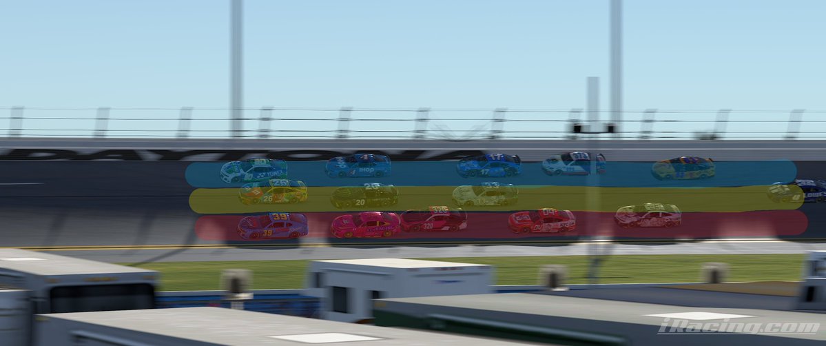 Shimさんが有用な情報を上げておられたので便乗
今年はアウト側の連携が上手くいかないケースが見受けられます。
真っ直ぐ走る技術はともかく、デイトナは基本的に3レーンであるという意識が重要かと思います。
↓