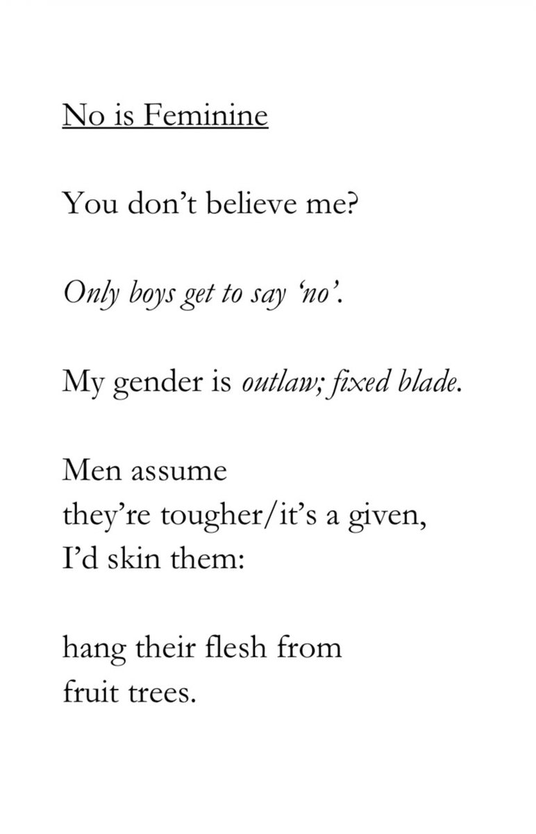 blackboughpoems's tweet photo. ‘My gender is outlaw: fixed blade.’

Poems on the road, in a man’s
World. 

M. S. Evans from ‘Nights on the Line’ @SeaNettleInk 

https://t.co/AkF1U5TYuL https://t.co/De9XPgLpSw