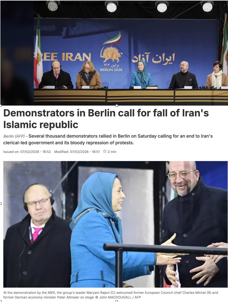 michelhenrion's tweet photo. #Iran #Moudjahidins #CharlesMichelLégitimeQui? > Comme un malaise au vu de l'ancien Président du Conseil Européen (qui ne représente pour l'heure plus que lui-même) s'affichant à #Berlin (une manif' de 8000 personnes le 7/2) aux côtés de Maryam #Radjavi, leader de la controversée Organisation des #Moudjahidin du peuple iranien. (MEK). Si le MEK-OMPI a un discours clair (anti-mollahs, pro-occidental),  son passé est violent (inscrite sur la liste noire des organisations terroristes de l'Union européenne de 2002 à janvier 2009) Et les #Moudjahidines ont notamment combattu aux côtés de Saddam Hussein pendant la guerre Iran-Irak. 
Son implantation en Iran serait loin d'être celle prétendue, les manifestants de la dernière révolte actuelle ne faisant  d'ailleurs guère référence à la MEK. Bref, la MEK serait loin de représenter vraiment la société iranienne réelle: d'où le malaise quand un ex Président du Conseil Européen, @CharlesMichel, s'affiche sur la même estrade berlinoise, sous les symboles des #Moudjahidines,  et ce sans nuance politique.  Les chercheurs relèvent souvent le culte de la personnalité  de l'organisation (Maryam Radjavi  se ferait appeler « Soleil de la révolution), son train de vie sans compter et un contrôle idéologique très fort .
Une photo n'est jamais neutre. En politique étrangère, elle engage toujours quelqu'un.  Pour de nombreux analystes, la présence de @CharlesMichel , séduit par un lobbying très efficace, est une erreur qui pourrait même nuire à la crédibilité du soutien européen au peuple iranien.#CharlesMichelSansBoussole
#PhotoQuiEngage. #MichelHorsMandat #TerrainMiné