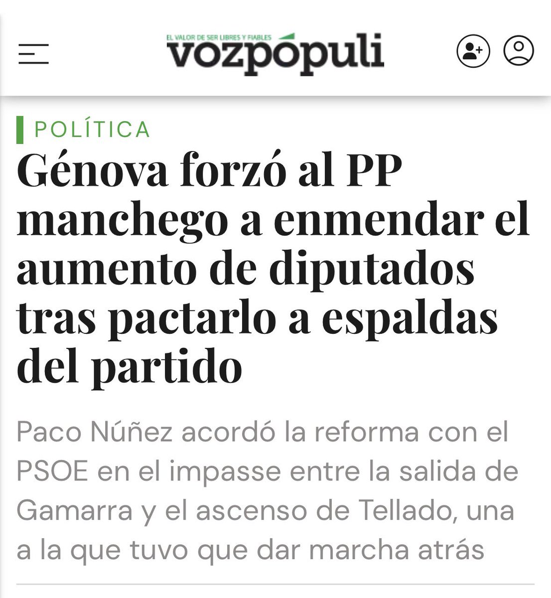 Esto que cuenta Vozpopuli sobre <a href="/paconunez_/">Paco Núñez</a> es muy interesante porque nace de fuentes directas del PP nacional:

1. Confirma que es Génova quien desautoriza a Núñez y rompe el pacto. Paco calla y acata.

2. Dice Génova que Núñez les engañó sobre el contenido del pacto. Y es que,