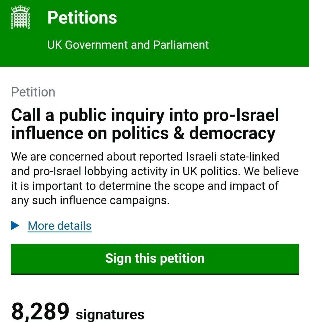 doctor_rahmeh's tweet image. Signed—Petition: Call a public inquiry into pro-'israel' influence on UK politics and democracy.

This needs to reach 100k:
petition.parliament.uk/petitions/7526…