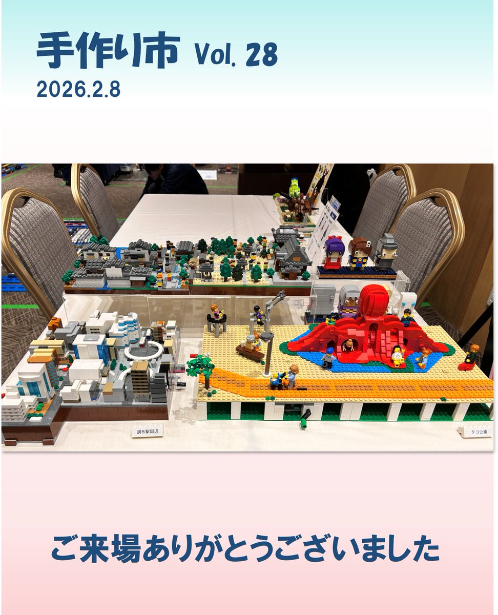 nyample's tweet photo. 手作り市 Vol.28、無事に終了しました☃️

新作の タコ公園 は、「知ってる！」「行ったことある！」と声をかけてもらえてとても好評でした🐙
ワークショップも、子どもたちが集中してレゴを組み立てる姿が印象的でした😊

寒い中足を運んでくださりありがとうございました。

#手作り市
#調布レゴ https://t.co/nzCj6fUWST