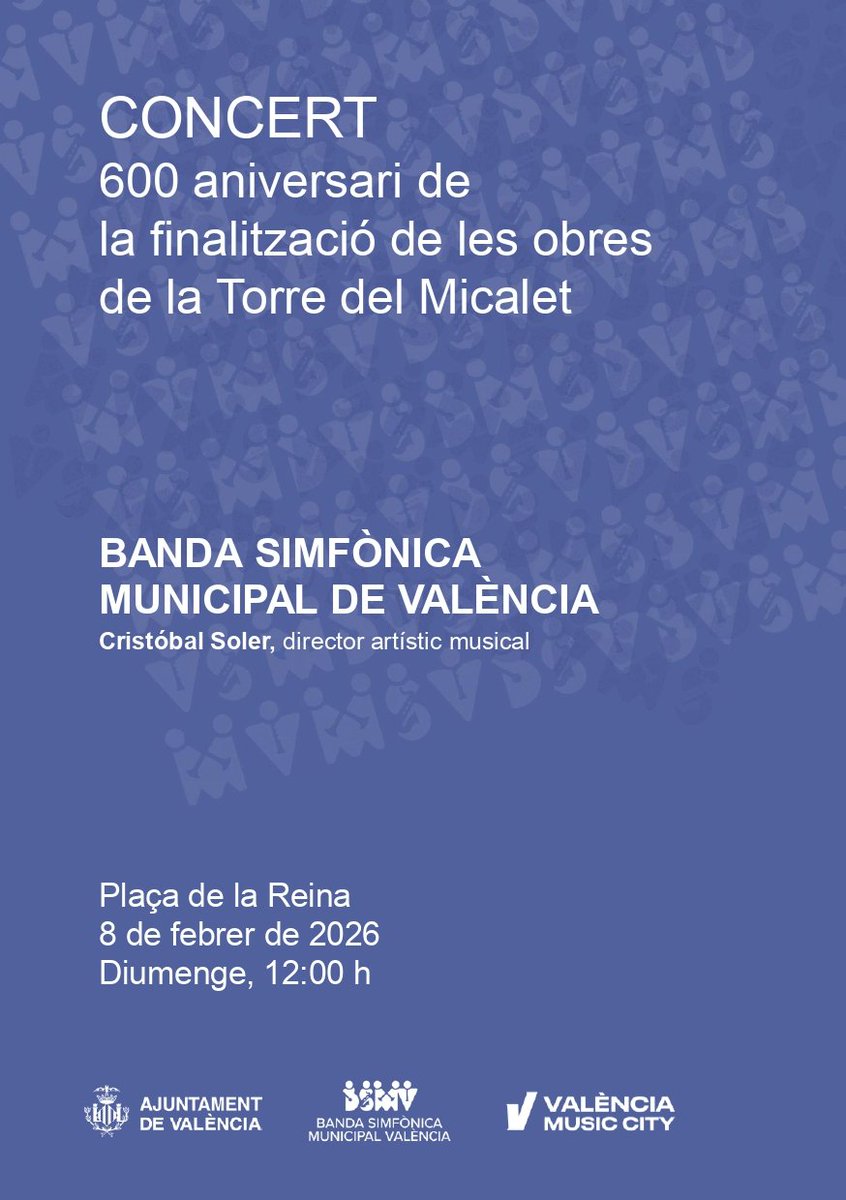 AjuntamentVLC's tweet photo. 🎼La Banda Simfònica Municipal de #València, interpretarà hui 'L'Obertura 1812' de Txaikovski, acompanyada pel tradicional volteig de les 🔔 campanes del Micalet i per trets 🧨 de material pirotècnic, per celebrar el 600 aniversari de la finalització de les obres de la torre del #Micalet.

⏰ 12 hores
📍 Plaça de la Reina

🙌 Accés lliure

 #VLCMusicCity
