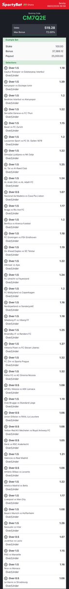 Overs 519 odds

SportyBet Code: CM7Q2E