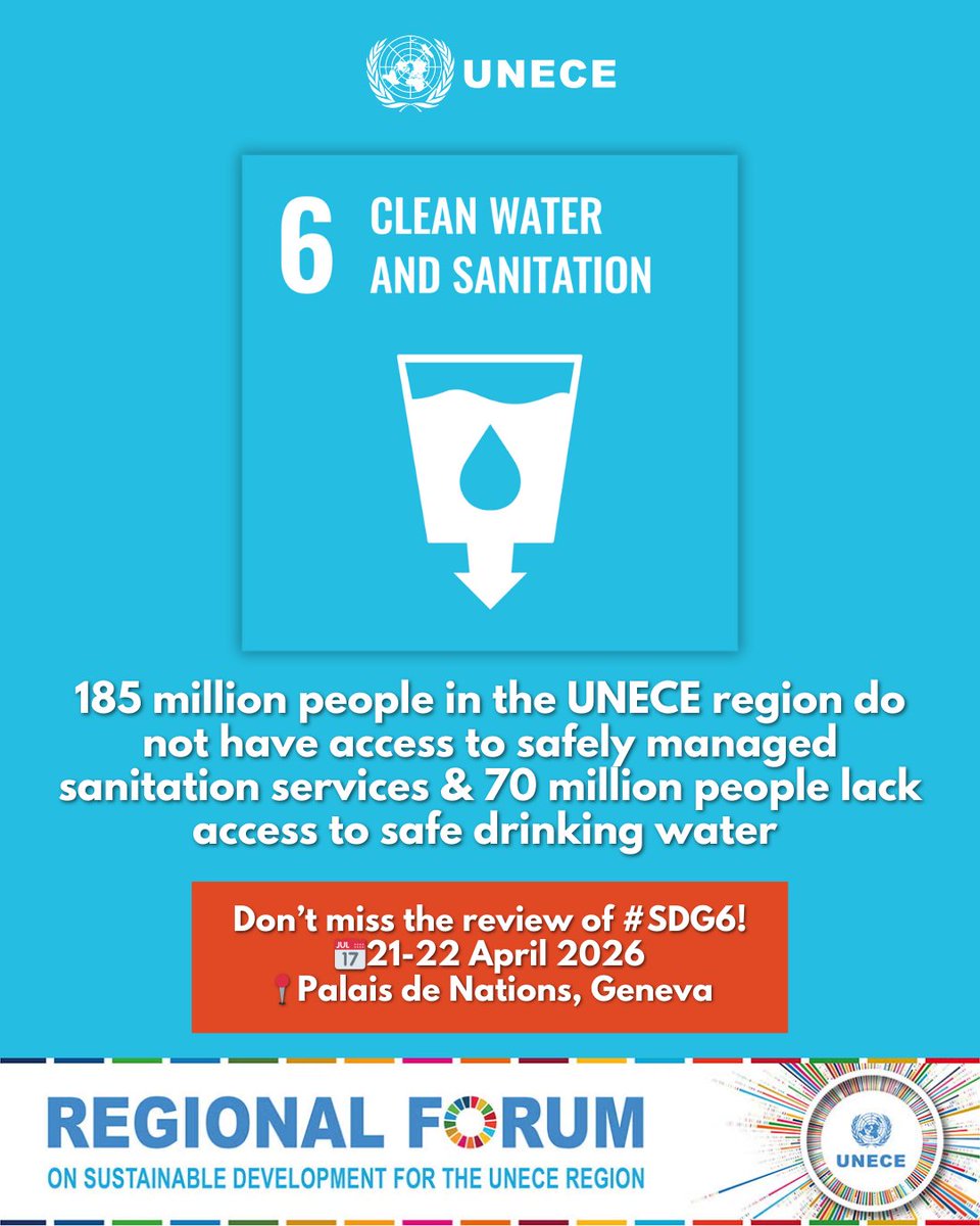 UNECE's tweet image. 💧 185 million people in the @UNECE region don't have access to safely managed sanitation services &amp;amp; 70 million people lack access to safe drinking #water
 
#SDG6 will be reviewed at the UNECE Regional Forum on Sustainable Development #RFSD2026 🚰
 
📅21-22 April 2026
📍@UNGeneva
