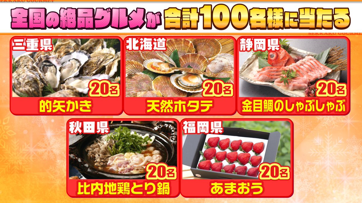 sekkaku_tbs's tweet photo. 🍌#せっかくグルメ 放送スタート🍌

【冬の全国絶品グルメ】合計100名様にプレゼント🎁

<応募方法>
①放送中に #バナナマン が発表する4つのキーワードから"ある言葉"を作る
②番組HPの応募フォーム(https://t.co/uB3nKplqMI)に入力

ぜひ最後までご覧ください🤩

※キーワードの拡散はお控えください https://t.co/If7ggoa1pT