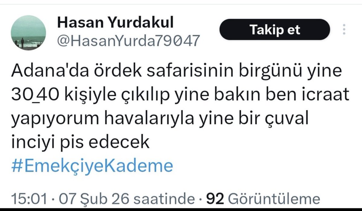 İçime kadar işleyen yağmurda, emaneten bulduğumuz ayağıma bir numara büyük kara lastik çizmelerle lap lap yürüdüğüm için ördeğe benzeten; kimin fake hesabı olduğunu bildiğimiz o saygısız ve seviyesiz karaktersiz kişiye diyeceğim tek şey şudur:

Bize ördek diyebilenin derdi emek