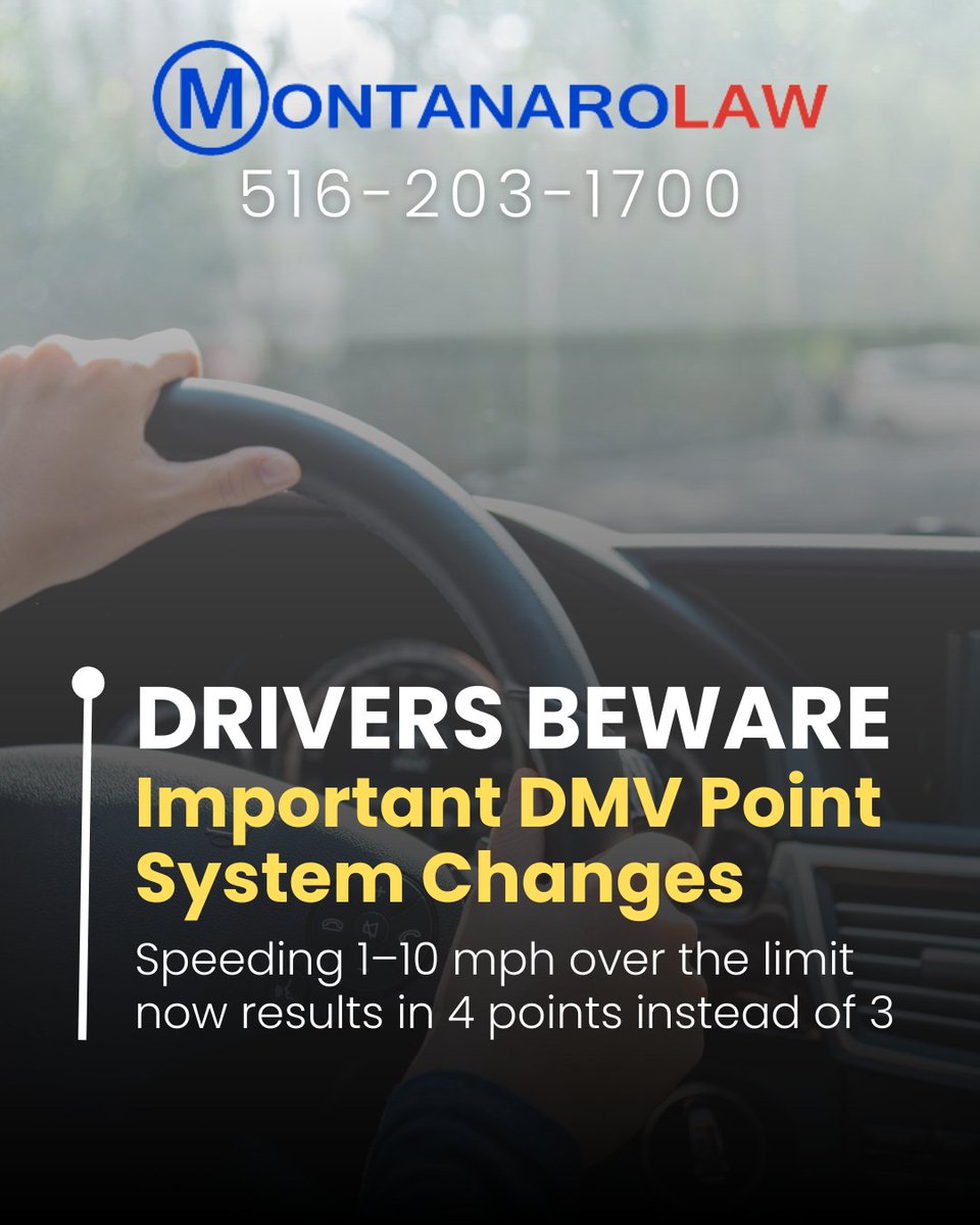montanarolaw's tweet image. Learn what the new DMV point system rules mean for drivers. Get the free PDF below. #MontanaroLaw #DMVUpdates #TrafficLaw #KnowYourRights #DrivingLaws #MotorVehicleLaw #LegalTips #DriverAwareness #PointSystem #DMVChanges #StayInformed

montanarolaw.com/dmv-point-syst…

(516)203-1700