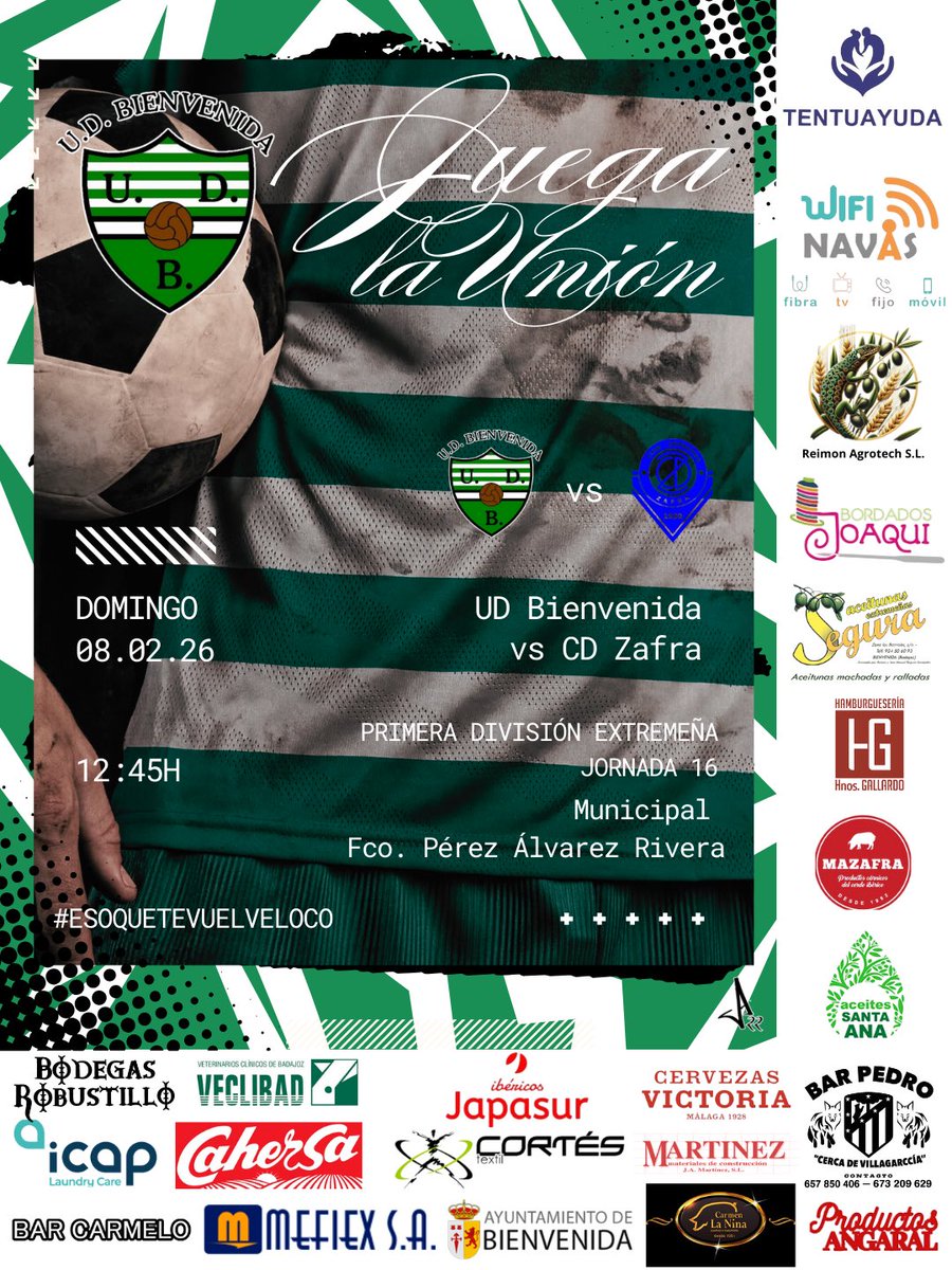 JUEGA LA UNIÓN

🆚 <a href="/CDZafra/">C. D. Zafra</a>, líder 
⏰12:45h
🥘Paella, chanfaina, montaditos...
🎟️Entrada 7€, abonados gratis

☔️Con un poquito de suerte, no llueve 
🐍A seguir luchando, culebrones⚔️

#EsoQueTeVuelveLoco💚🤍