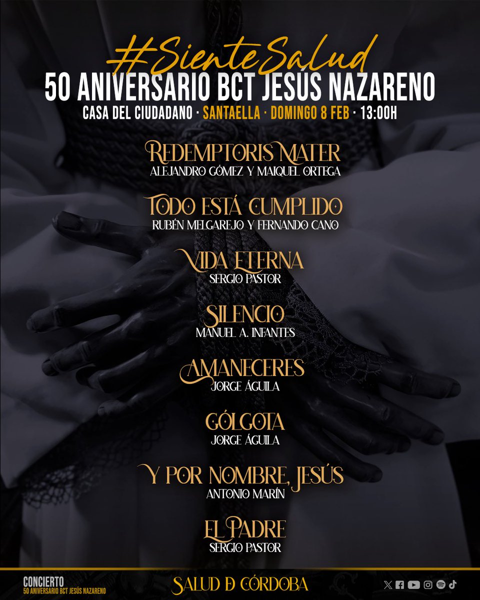 📍 Hoy el camino nos lleva hasta Santaella, donde nos espera la música.

Os presentamos el repertorio de hoy para el concierto con motivo del “50 Aniversario de la BCT Jesús Nazareno”.

¡Os esperamos!

#SɪᴇɴᴛᴇSᴀʟᴜᴅ