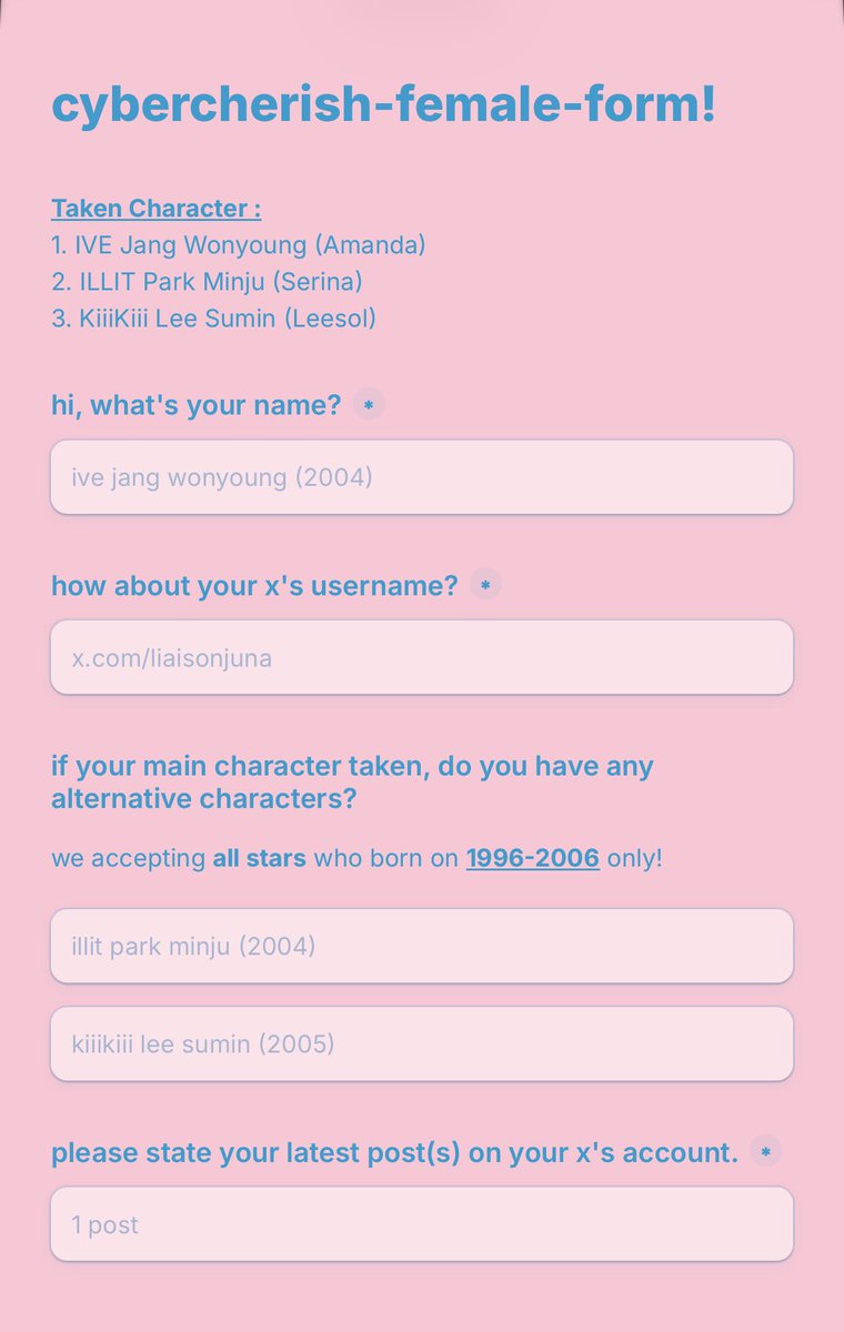 cybercherishes's tweet photo. h-hai! berikut untuk kisi-kisi warslot kita nanti di jam 8 malam wib nanti yaaaaah men-temen! yang warna biru form cowok dan pink untuk form cewek :3 jangan lupa dicatat! 📝 https://t.co/zYoX0uQIG6
