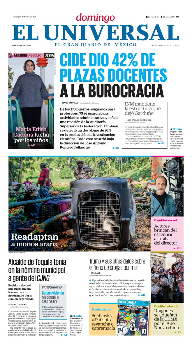 El_Universal_Mx's tweet image. ¡Buenos días, lectores! Iniciamos la jornada informativa con la portada de EL UNIVERSAL y sus secciones este 8 de febrero eluniversal.com.mx