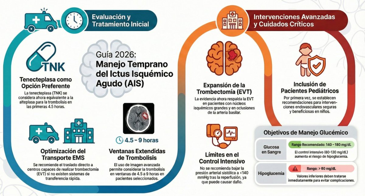 cardioteca's tweet photo. 🧠 Nueva guía AHA/ASA 2026 para manejo precoz del ictus isquémico

Descubre las actualizaciones más importantes para la práctica clínica: https://t.co/r98k2gmYh5 

⚡ Tenecteplasa equivalente a alteplase para trombolisis 
🚑 Unidades móviles mejoran resultados funcionales 
🎯 Trombectomía ampliada a núcleos grandes 
👶 Primeras recomendaciones pediátricas
