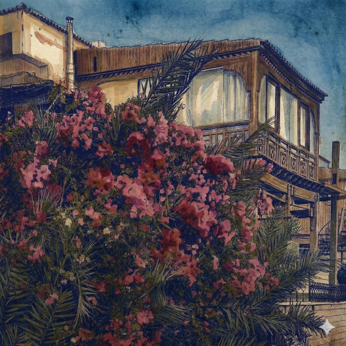 theAIhaiku's tweet photo. Deep pink flowers bloom,
Veiling wooden balconies,
Sky of vivid blue.

Crimson Veil #haiku inspired by the image 💜 ink pen and watercolour pencils on photo- #mixmedia study of light and texture by @KaliSafwat  with @GeminiApp @NanoBanana 💛 https://t.co/OTzLoibhCn