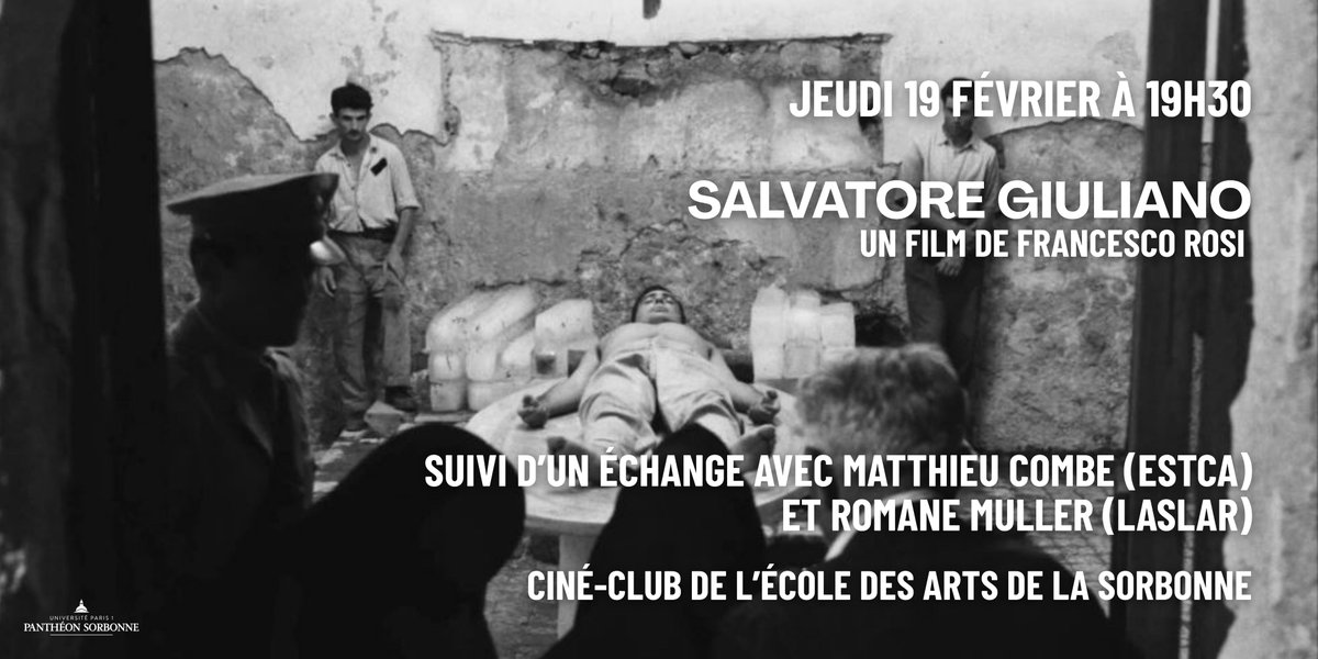 📷 Jeudi 19 février à 19H30, nouvelle séance du ciné-club de l'EAS autour du film SALVATORE GIULIANO de Francesco Rosi, suivie d'un échange avec Matthieu Combe (ESTCA) et Romane Muller (LASLAR).

🎟 Tarif unique à 4€
Billetterie en ligne : bit.ly/40BMRCR
+ Cartes