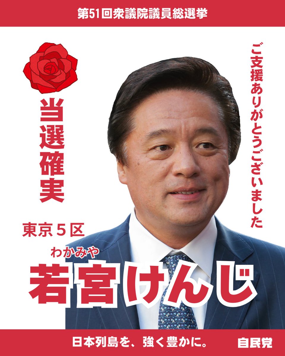《当選確実》東京5区　若宮けんじ
<a href="/wakamiya7788/">若宮けんじ 東京５区</a>  
ご支援ありがとうございました。