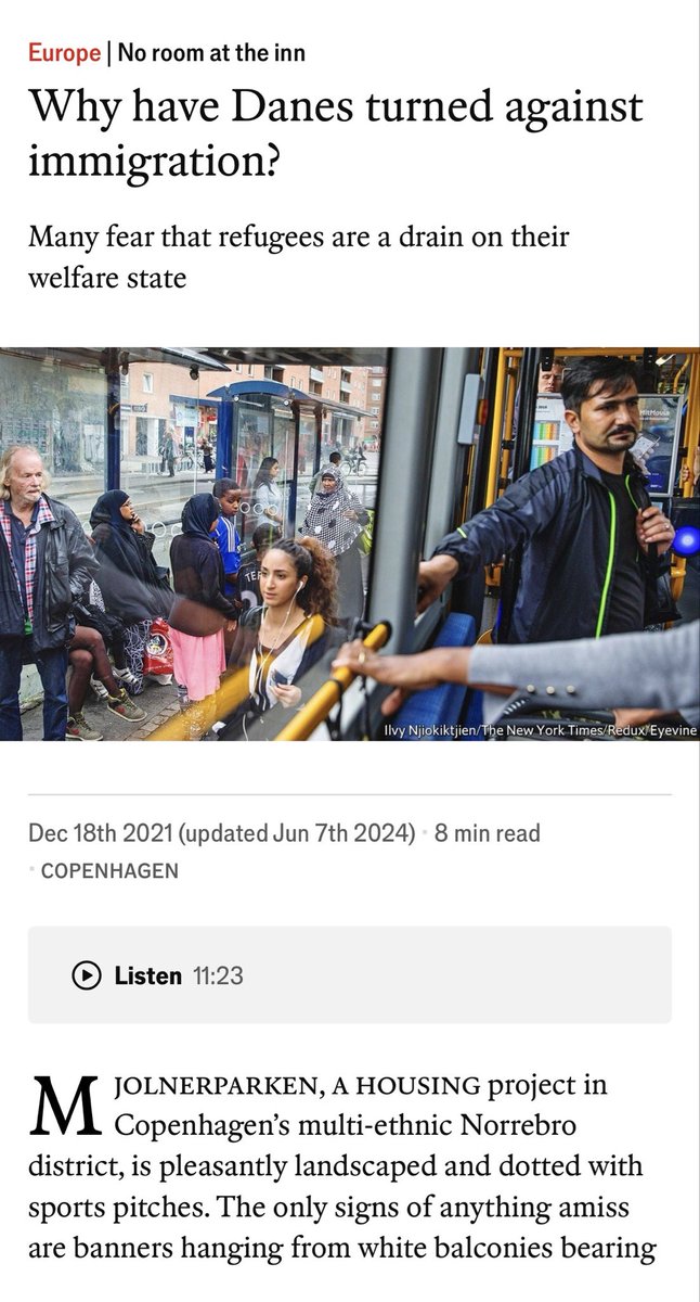 freightbull1's tweet photo. Every now and then @TheEconomist malfunctions and writes a genuinely excellent article. On ‘Afro-Arab’ migration and why it’s so unpopular, they could refer to their own journalism ref article from 2021 ‘why Danes have turned against immigration’ TLDR attached picture https://t.co/5p8FbyNuY9
