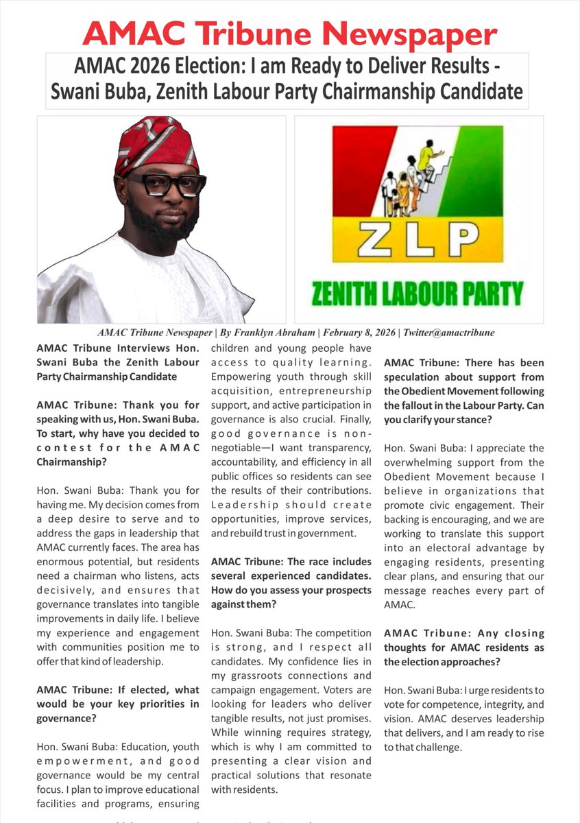 AMAC Tribune Newspaper: 
Exclusive Interview with Swani Buba, Zenith Labour Party Chairmanship Candidate