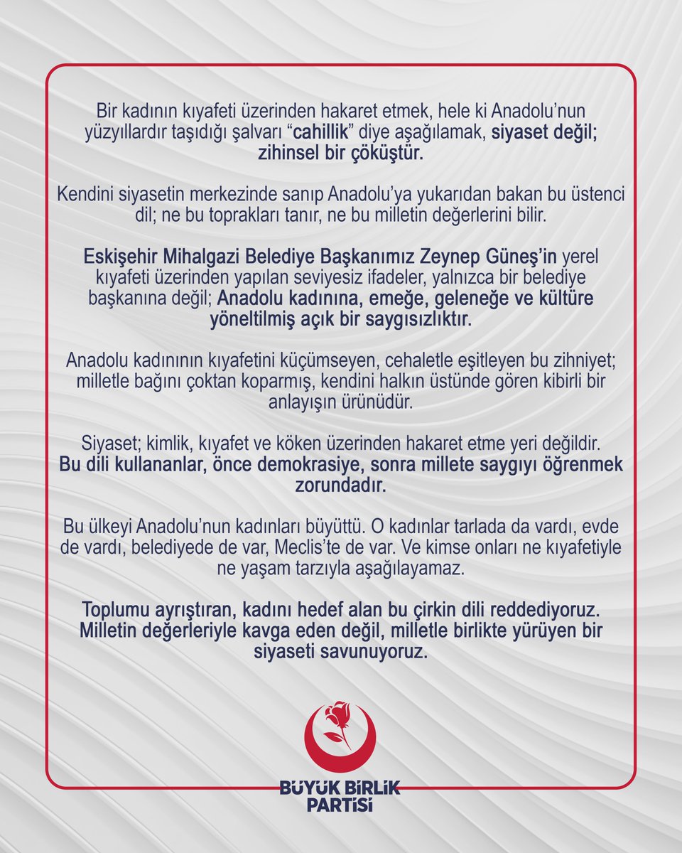 Milletimizin inancıyla, değerleriyle, hayat tarzıyla kavga eden hiçbir siyaseti meşru görmüyoruz.
Büyük Birlik Partisi’nin kamuoyuna açıklamasıdır: 👇