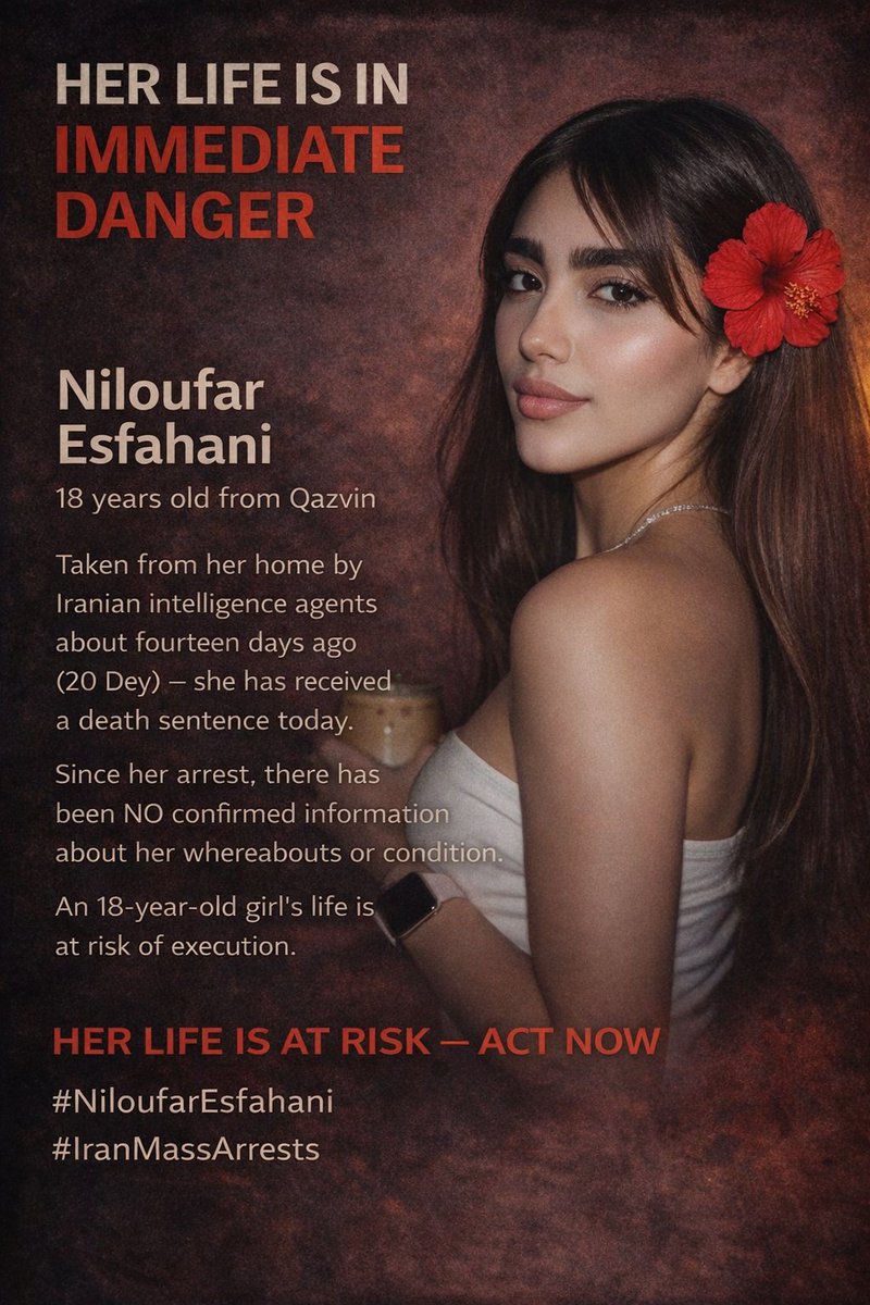 یک دختر دیگر در خطر فوری
سکوت نکنیم، صدایش باشیم
#نیلوفر_اصفهانی
نیلوفر اصفهانی، ۱۸ ساله از قزوین،
حدود دو هفته پیش توسط نیروهای اطلاعاتی از خانه‌اش بازداشت شد.
امروز خبر رسیده که برای او حکم اعدام صادر شده است.
از زمان بازداشت تا این لحظه، هیچ اطلاع رسمی و شفافی از محل نگهداری،