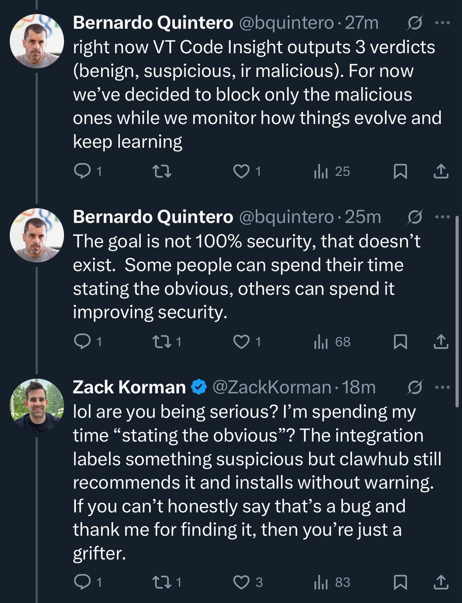 ZackKorman's tweet photo. Yesterday I posted that even when Virustotal labels a skill as suspicious, clawhub still recommends it and installs it without warning. 

The Virustotal founder then told me I’m just “stating the obvious” while others are actually improving security. 

Wow. https://t.co/RE7G1q1lmN