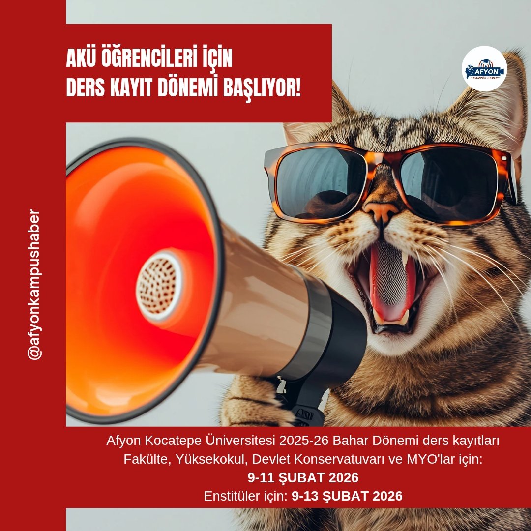 📢#AKÜ Öğrencileri İçin Kayıt Yenileme Dönemi Başlıyor!

Afyon Kocatepe Üniversitesi 2025-26 Bahar Dönemi ders kayıtları Fakülte, Yüksekokul, Devlet Konservatuvarı ve MYO'lar için:
9-11 ŞUBAT 2026

Enstitüler için: 9-13 ŞUBAT 2026
👉🏻instagram.com/p/DUfkSi4iHPX/
#Afyon