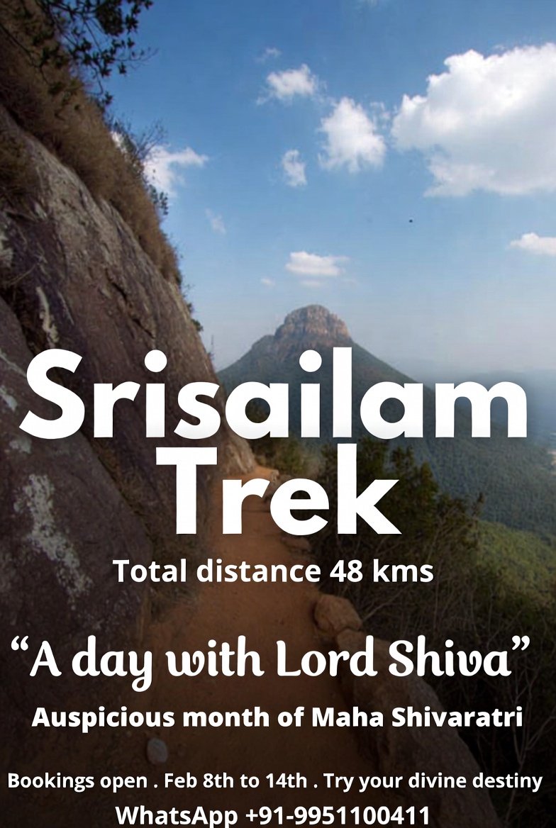 🚶‍♂️🌄 SRISAILAM – The Ultimate Devotee's Trek | Nallamala Forest | Feb 8–15

Feel the call of the wild and the whisper of the divine on a pilgrimage like no other — the sacred forest trail from Bairluty to Srisailam, walked by saints, warriors, and seekers for centuries.

📅 Trek