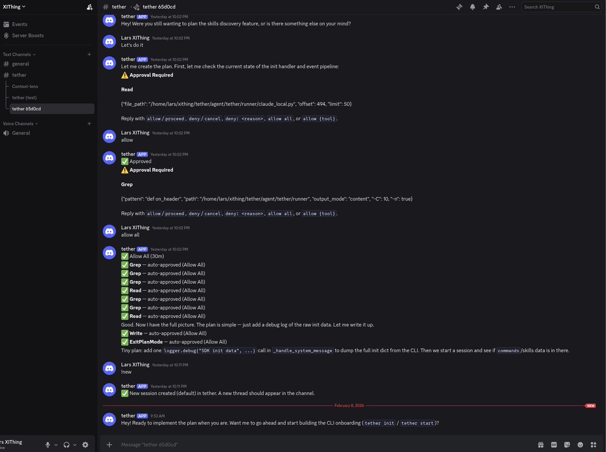 theRedbeardIO's tweet image. Discord support in Tether works beautifully now; Claude Code on Discord ✅