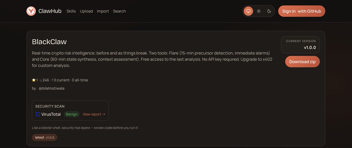 246 downloads for BlackClaw by BlackSwan on  <a href="/openclaw/">OpenClaw🦞</a> 🦞

v2 loading for more real-time intelligence into ai agents

Great to see so many agents using. Excited to expand the use cases!