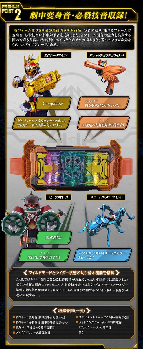 Memorial Edition Gotchardriver might have THE MOST sounds out of any Kamen Rider toys.

It has special attack sounds and lines for EVERY forms.

It has lines for Houtaro calling out EVERY Chemies, even ones he never use like El Dragon.