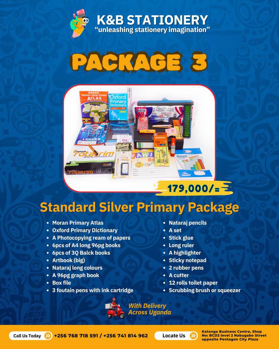 Need school materials for your child? 

Contact 0768718591 or 0741814962 for delivery anywhere across Uganda from <a href="/kbstationer/">k&B stationery</a> 

☎️ #Back2School