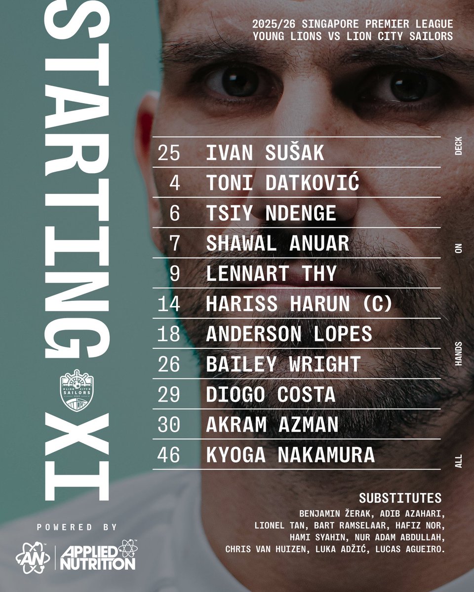 lioncitysailors's tweet photo. ⚓️ Team News

Here’s how we line up for our 2025/26 #SPL tussle with Young Lions tonight!  🙌

#allhandsondeck #lioncitysailors #YGLLCS https://t.co/QJZeIAFVUT