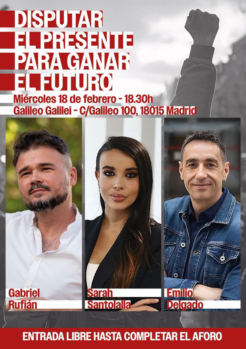 El miércoles 18 moderaré y presentaré el debate entre <a href="/gabrielrufian/">Gabriel Rufián</a> y <a href="/EmilioDelgadoOr/">Emilio Delgado</a> en Madrid sobre el presente y futuro de la izquierda. Errores y aciertos de estos últimos años.
Yo me dedicaré a preguntar, ellos a contestar.
Sois todos/as bienvenidos. Sin vetos.