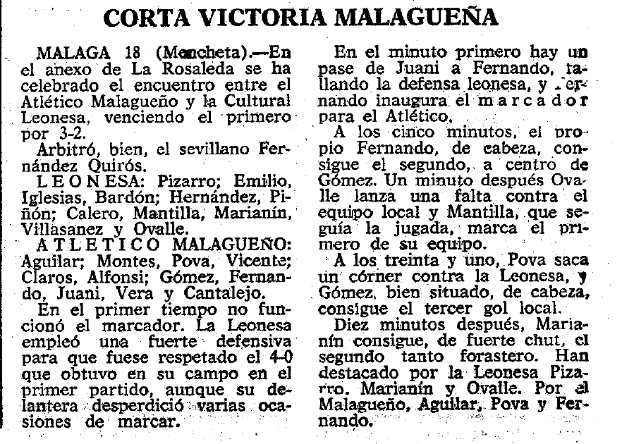 18/05/1969. Visita de la <a href="/CyDLeonesa/">Cultural y Deportiva Leonesa</a> al anexo de #LaRosaleda para enfrentarse al Atlético Malagueño, dirigido por Ben Barek, en la vuelta de Cuartos de Final del Campeonato de España de aficionados. 
El filial ganó 3-2 pero quedó eliminado (4-0 en la Ida) #MalagaCultural