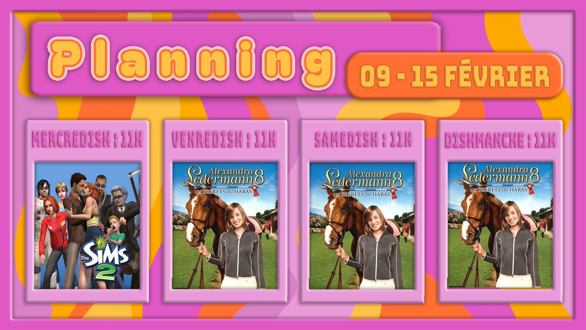 Hey  ✨

Semaine spéciale car on va faire un marathon Alexandra Ledermann 8 pour avoir la dernière fin. C'est-à-dire pécho Raphaël pour la Saint-Valentin ! 🥰✨

Mercredi 11h : BACC Sims 2

Jeudi à 19h, possiblement un call Heartopia!

twitch.tv/sim_ish