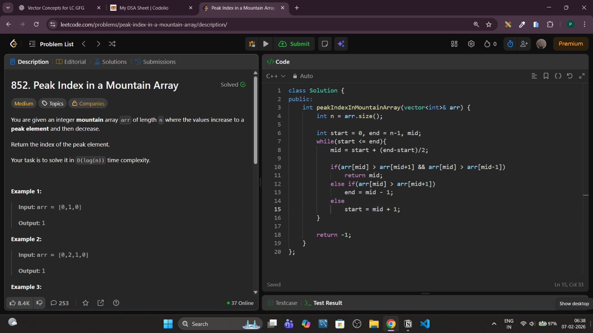 SumitSahoo78's tweet photo. #Day16 of DSA

Practiced binary search by solving:
1. Peak Index in a Mountain Array
2. Search in a Rotated Sorted Array

Focused on understanding problem patterns and applying optimized logic instead of brute force.

Grateful @rohit_negi9 https://t.co/5yGZAaFDks