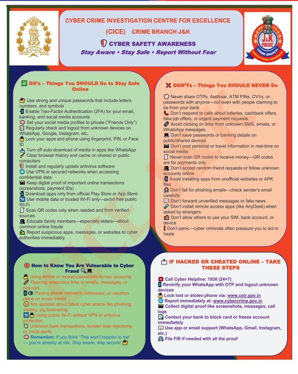 diprjk's tweet image. 🔐💻 Stay Cyber Safe, Stay Secure! 💻🔐

Protect yourself online by never sharing OTPs or PINs 🔑, verifying links and callers 🔍, and reporting cyber fraud immediately 📞. Smart clicks today keep you safe tomorrow 🛡️.

#CyberSafety #StayCyberSafe #DigitalAwareness #OnlineSafety