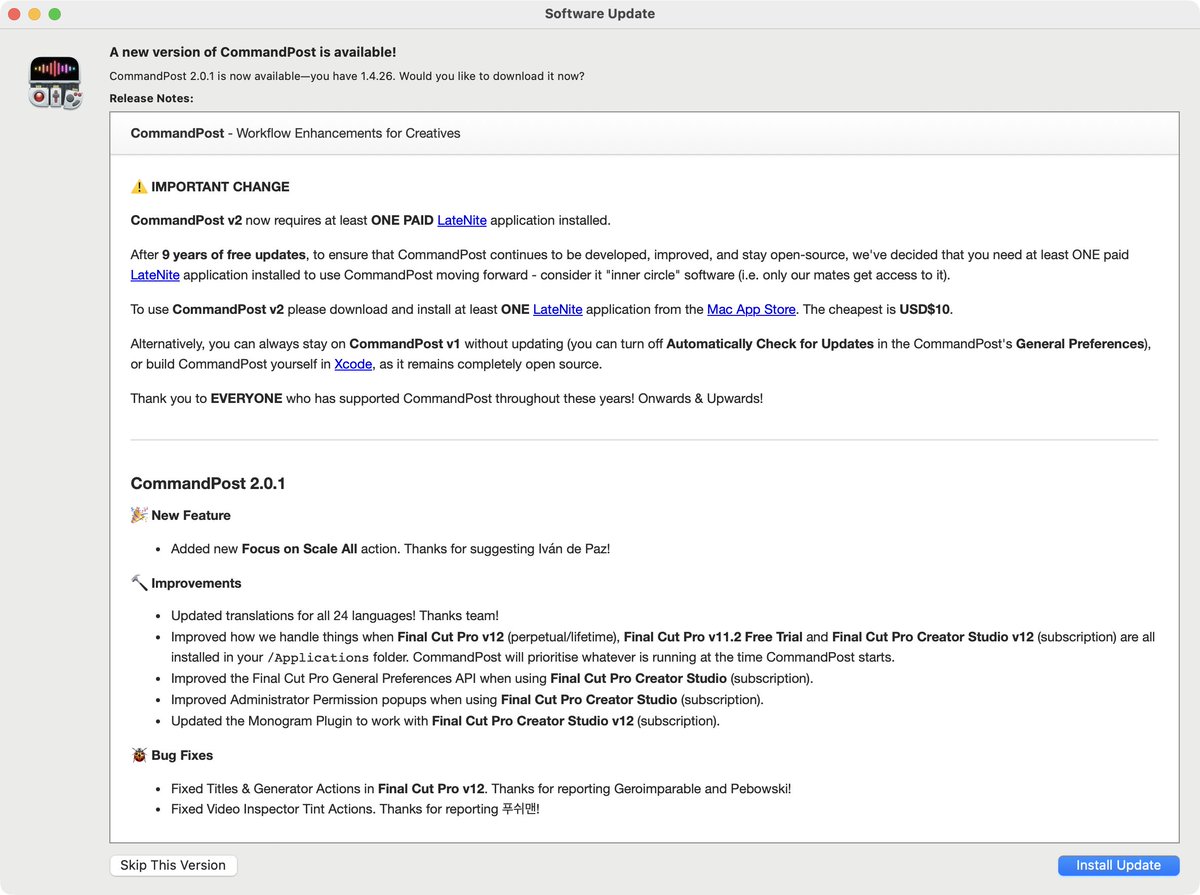 chrisatlatenite's tweet image. CommandPost v2.0.1 is out now!

Mostly just a bug fix release for Final Cut Pro v12. Enjoy!

commandpost.fcp.cafe

#fcpx #postchat